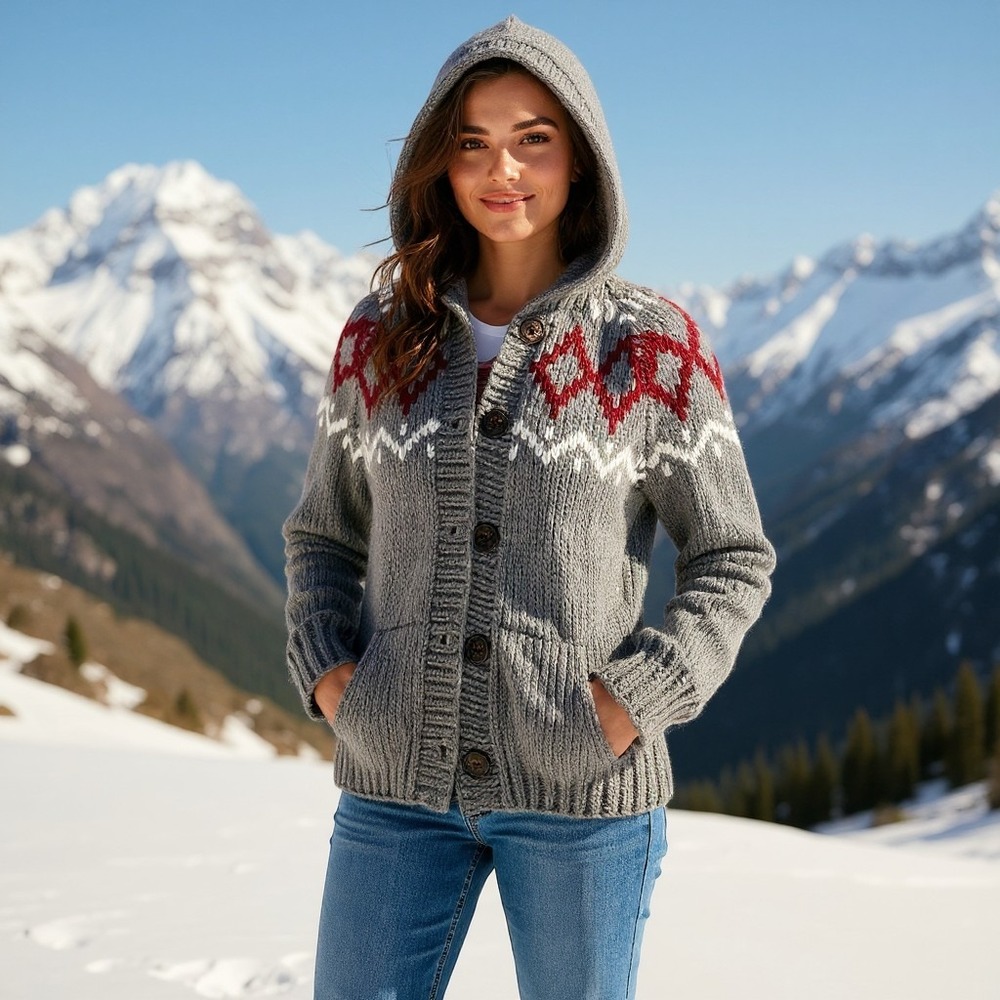 Nordic Handknit Cardigan Sweater Womens L Gray Fair Isle Wool Blend Hooded Cozy